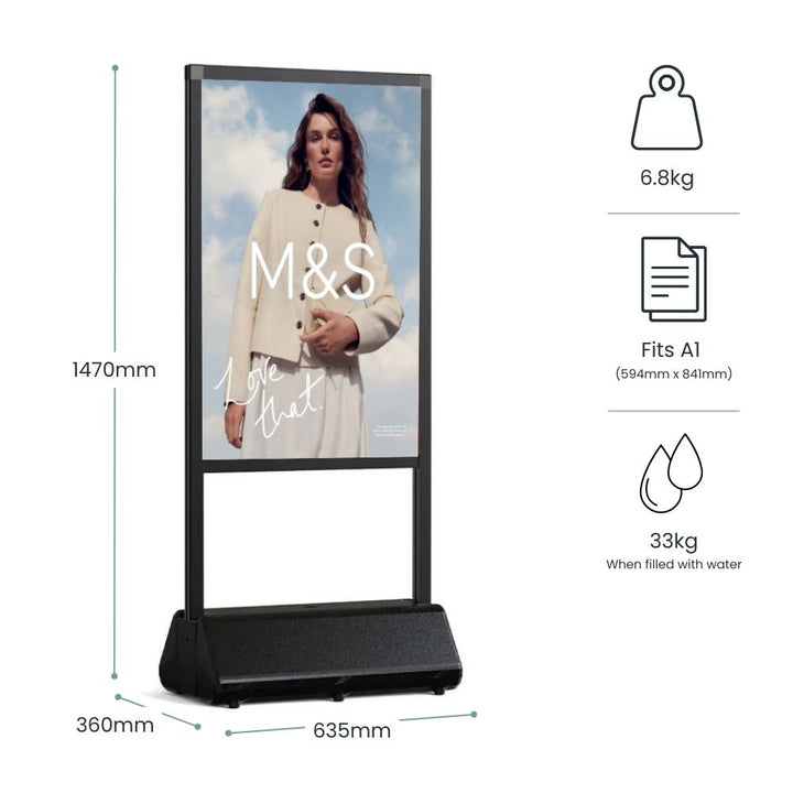 Specification drawing marked 1470mm tall on a 635mm by 360mm base, 6.8kg empty, 33kg once water-filled, taking A1 posters at 594mm by 841mm.
