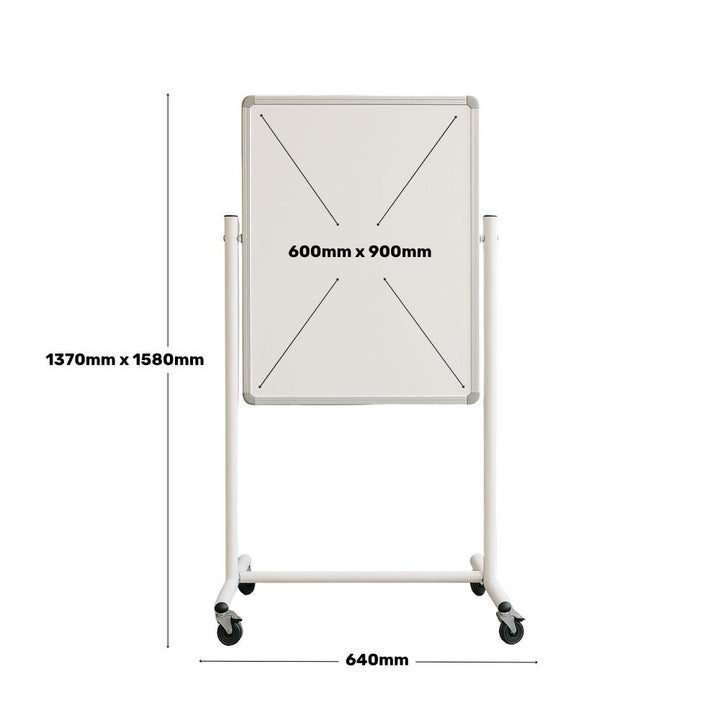 Dimensions of small rotating mobile whiteboard shown as 600mm x 900mm with total frame height adjustable from 1370mm to 1580mm and width 640mm.