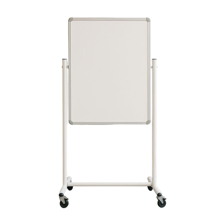 Front view of 600mm x 900mm whiteboard on a white mobile stand with locking castor wheels, ideal for classroom or office use.