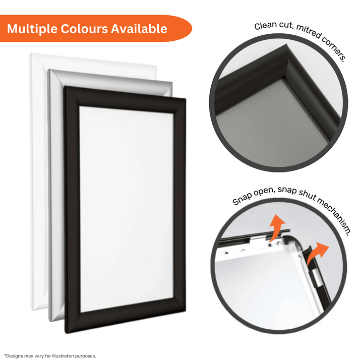 Snap frame colour options panel showing white, silver and black 25mm mitred frames alongside close-ups of the mitred corner joint and snap-open mechanism.
