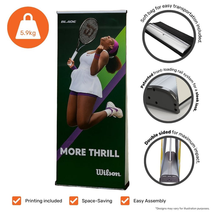 Freestanding Wilson promotional banner for tennis products in a retail store, showcasing a professional female athlete and product branding.








