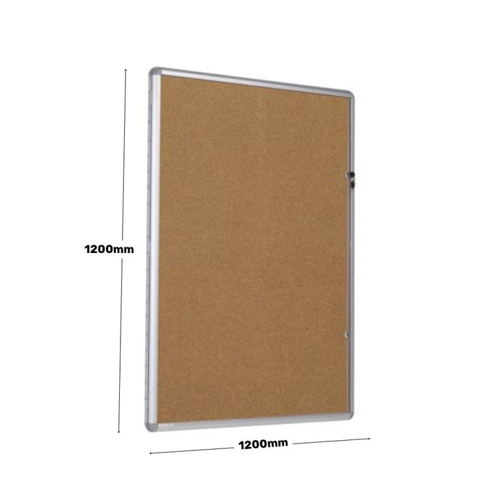 Square lockable noticeboard with natural cork panel and silver aluminium frame, measuring 1200mm by 1200mm.

