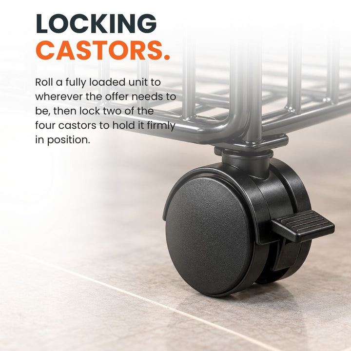 Black steel retail display rack with heavy-duty locking castor for secure positioning and easy movement.