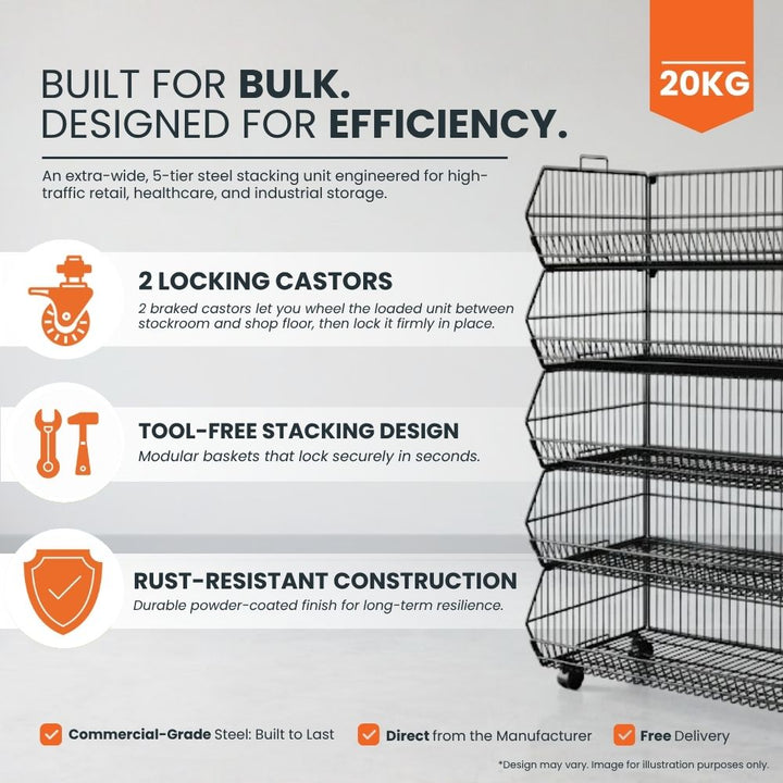 Feature panel: 2 locking castors for stockroom-to-shop-floor mobility, tool-free stacking design, rust-resistant powder-coated steel, 20kg unit weight.
