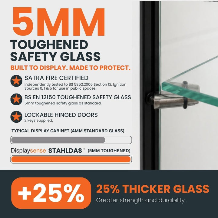 STAHLDAS display cabinet with 5mm toughened safety glass, lockable hinged doors and SATRA fire-certified materials.