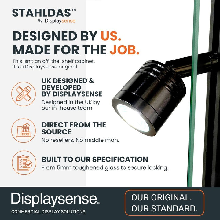 STAHLDAS display cabinet designed and developed by Displaysense with 5mm toughened glass, secure locking and integrated lighting.