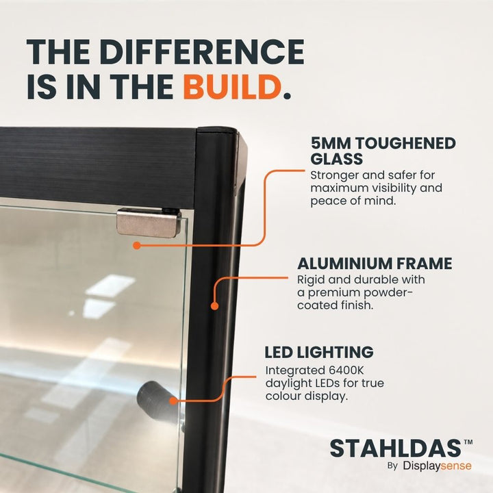 STAHLDAS glass display cabinet with 5mm toughened glass, durable aluminium frame and integrated 6400K LED lighting.