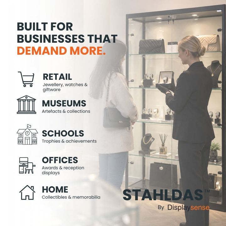 STAHLDAS glass display cabinet used for secure displays in retail, museums, schools, offices and home collections.