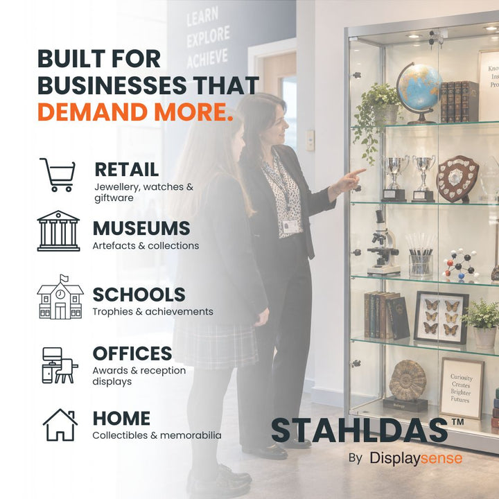 Silver Stahldas glass display cabinet used for secure commercial displays including trophies, awards and educational collections.