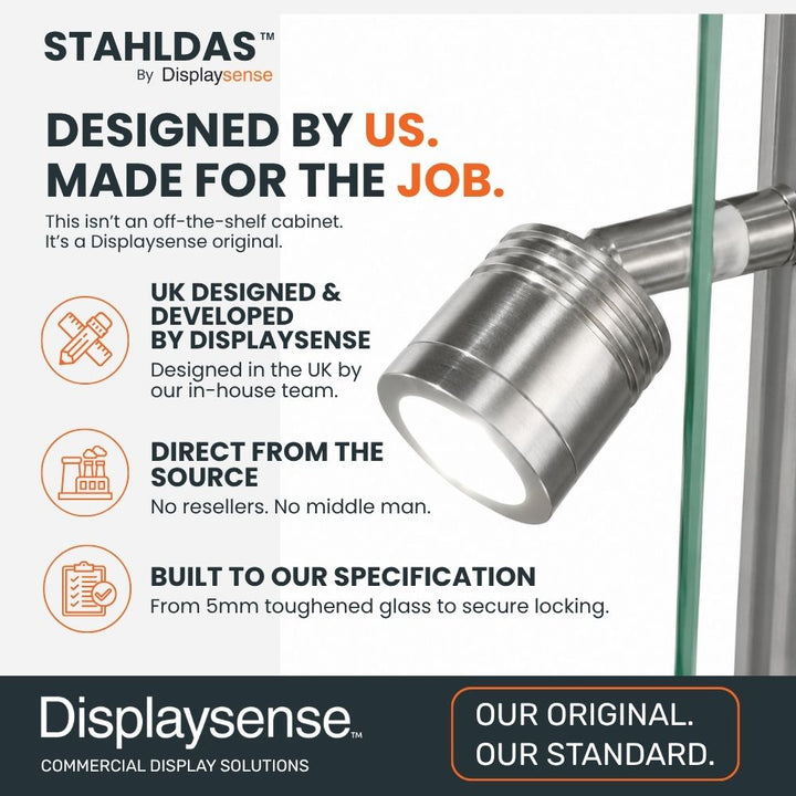 Silver Stahldas glass display cabinet showing UK-designed construction, 5mm toughened glass and integrated LED spotlight by Displaysense.