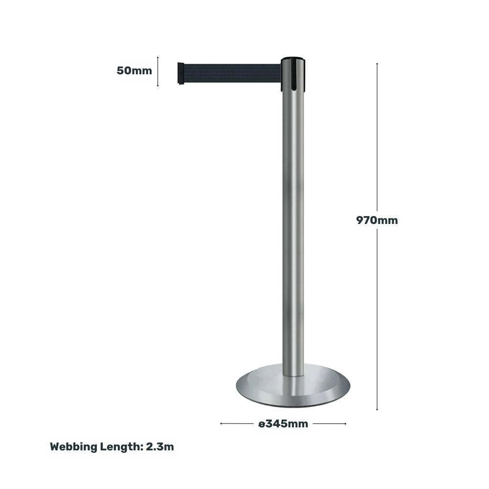 Technical drawing of stainless steel barrier post with black webbing, detailing dimensions of 970mm height, 345mm base diameter, and 2.3 metre webbing length.

