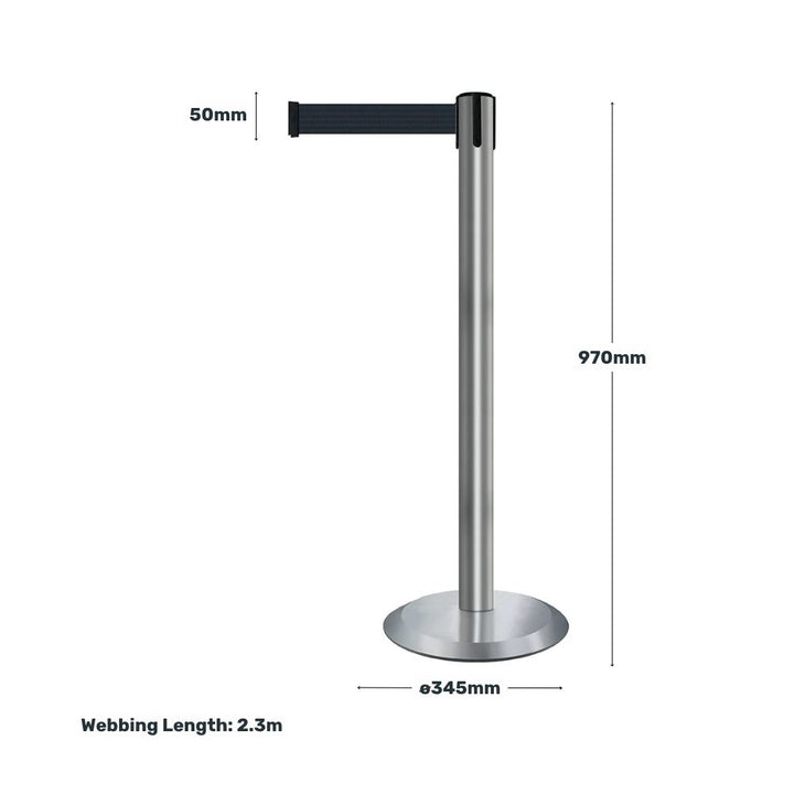 Technical drawing of stainless steel barrier post with black webbing, detailing dimensions of 970mm height, 345mm base diameter, and 2.3 metre webbing length.

