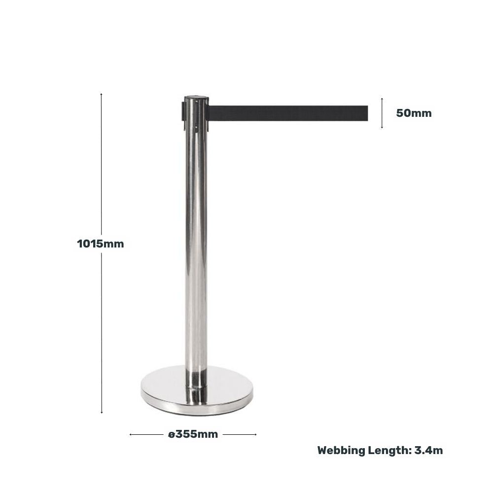Stainless steel retractable barrier post with a black belt, displaying measurements including height, base diameter, belt width, and webbing length.