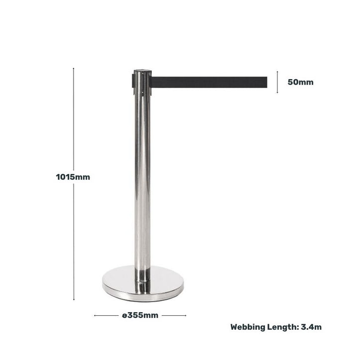Stainless steel retractable barrier post with a black belt, displaying measurements including height, base diameter, belt width, and webbing length.