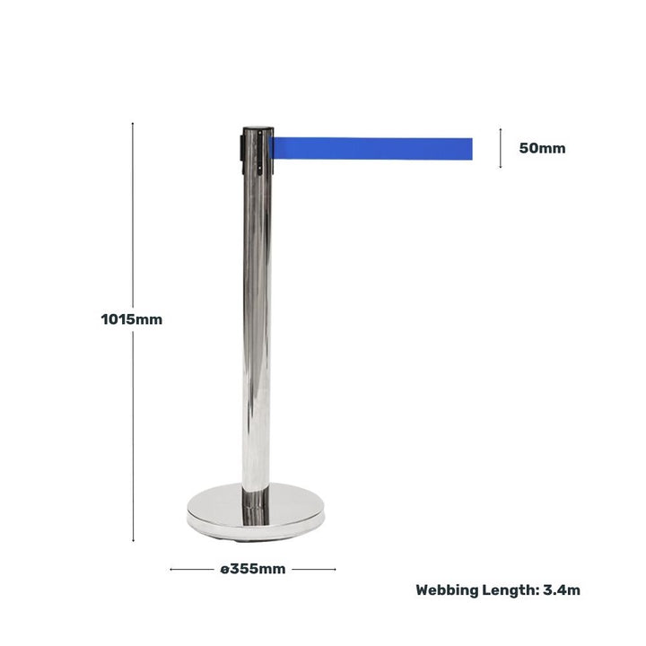 Stainless steel retractable barrier post with a blue belt, showing measurements for height, base diameter, belt width, and webbing length.