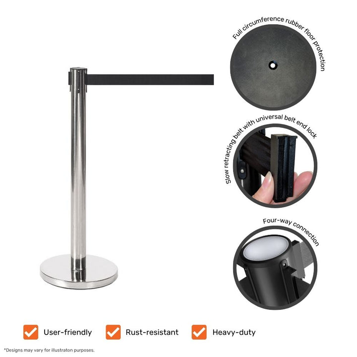 Stainless steel barrier post with black belt, showcasing features such as rubber floor protection, belt lock, slow retraction, and four-way connection.