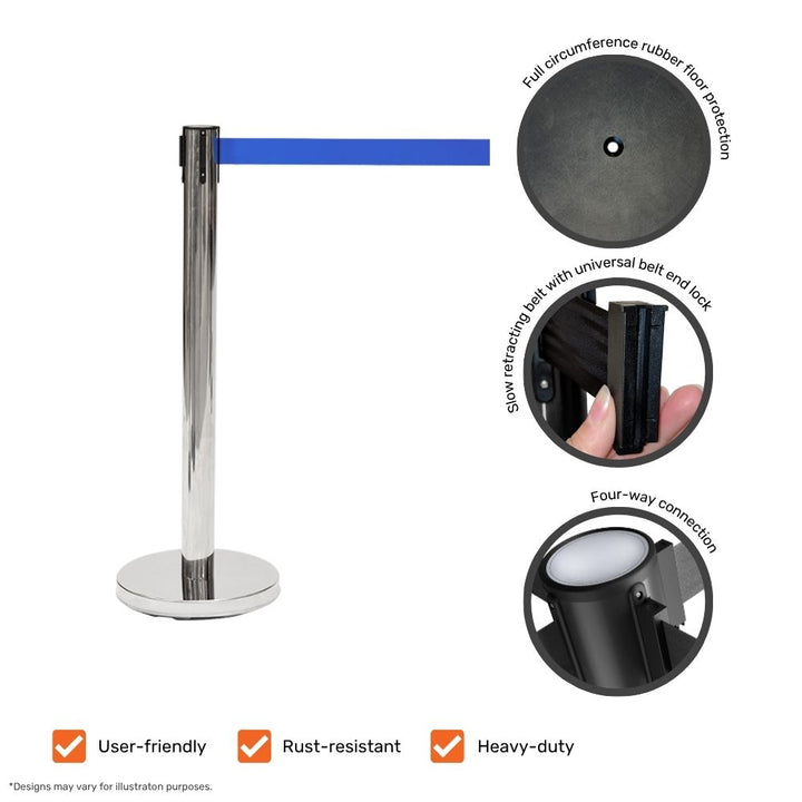 Stainless steel barrier post with blue belt, highlighting features including rubber floor protection, universal belt lock, slow retraction, and four-way connection.