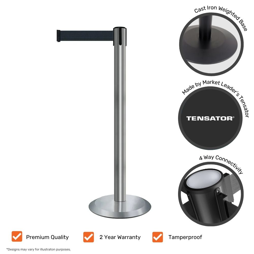 Stainless steel barrier post with black webbing, shown with feature icons including premium quality, tamperproof design, 4-way connectivity, and the Tensator brand logo.

