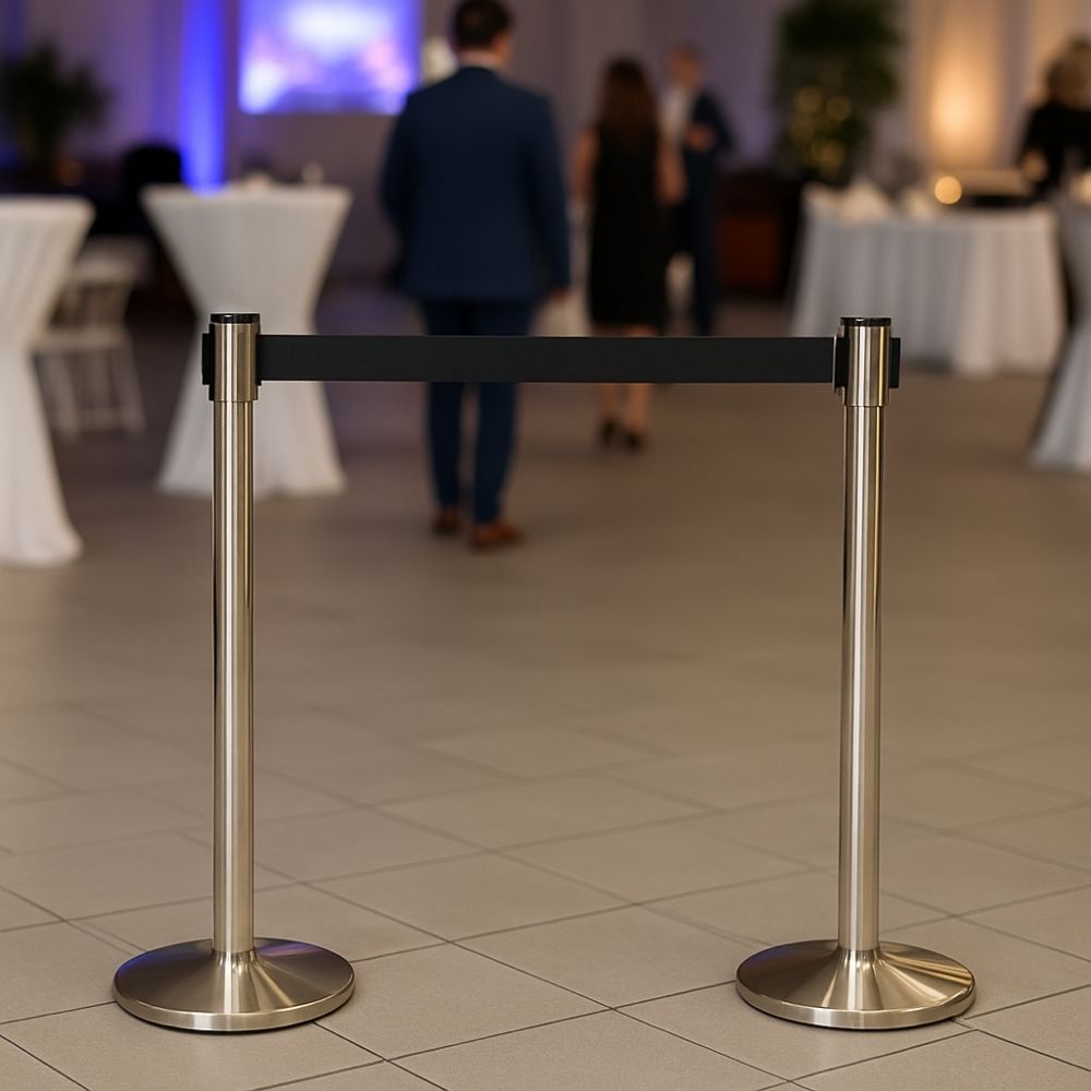 Two stainless steel retractable barrier posts with a black belt, positioned in an elegant event hall with round tables and guests in the background.