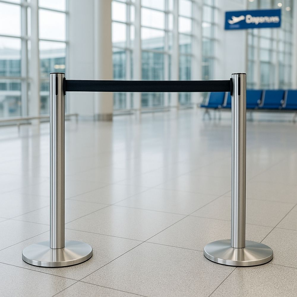 Pair of stainless steel barrier posts connected by black retractable webbing, placed in a bright airport terminal near departure gates.

