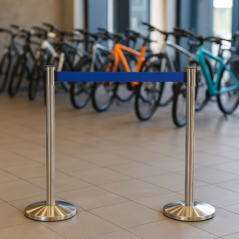 Two stainless steel retractable barrier posts with a blue belt, placed in front of a row of bicycles in a showroom setting.