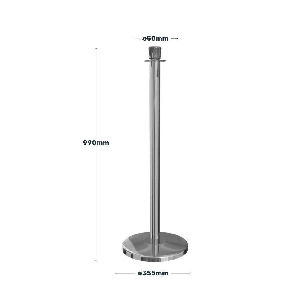 Diagram with height and base measurements of a stainless steel stanchion post in millimetres.