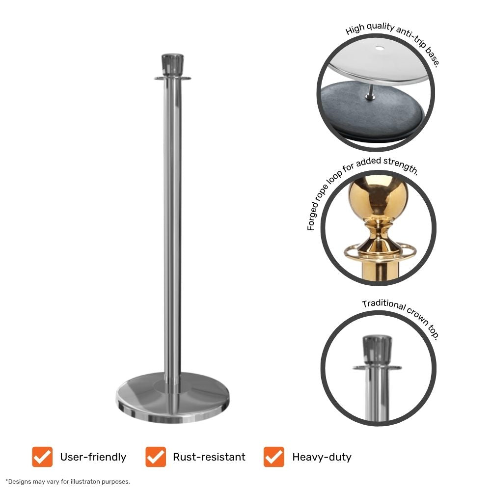 Stainless steel stanchion post showcasing anti-trip base, forged rope loop, and traditional crown top with close-up views.