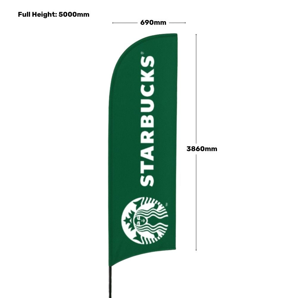 Outdoor 5m feather banner – printed glass fibre flag with ground spike for forecourts, festivals and exhibition stands  