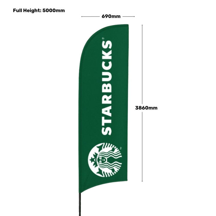 Outdoor 5m feather banner – printed glass fibre flag with ground spike for forecourts, festivals and exhibition stands  