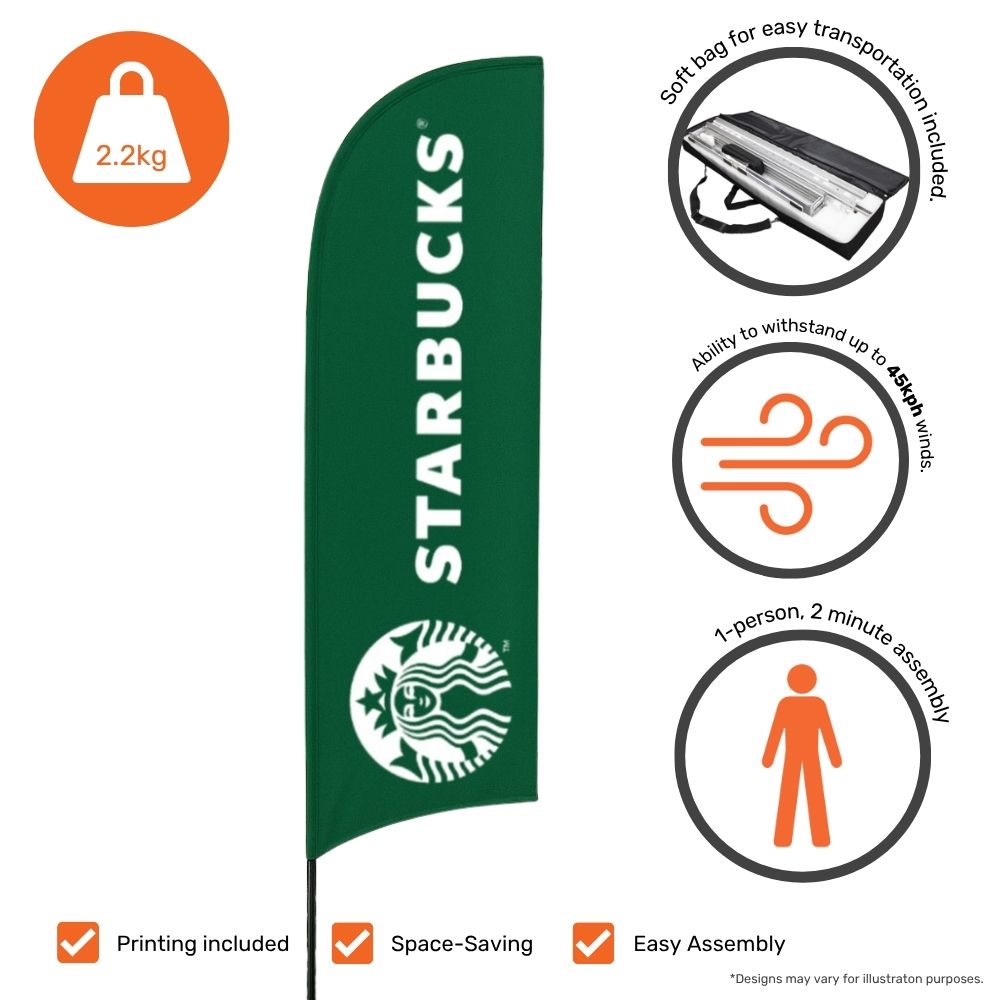 Tall 5m feather flag with spike base – single-sided print for impactful outdoor marketing or branded retail displays  