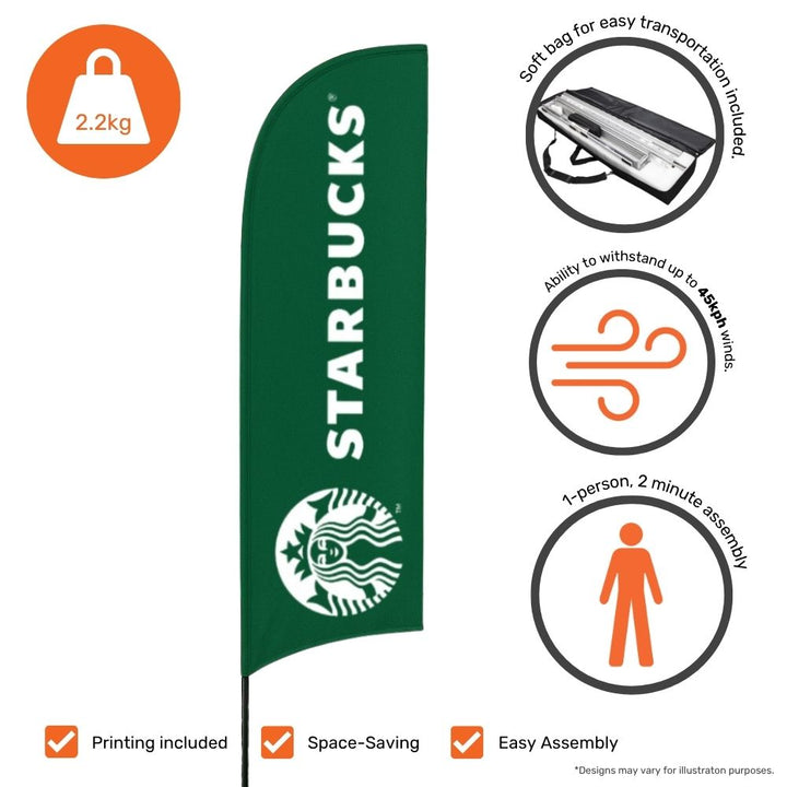Tall 5m feather flag with spike base – single-sided print for impactful outdoor marketing or branded retail displays  