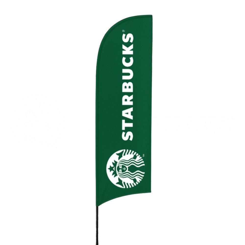 Glass fibre 5 metre feather flag – outdoor printed display with ground spike base for exhibitions or retail forecourt use  