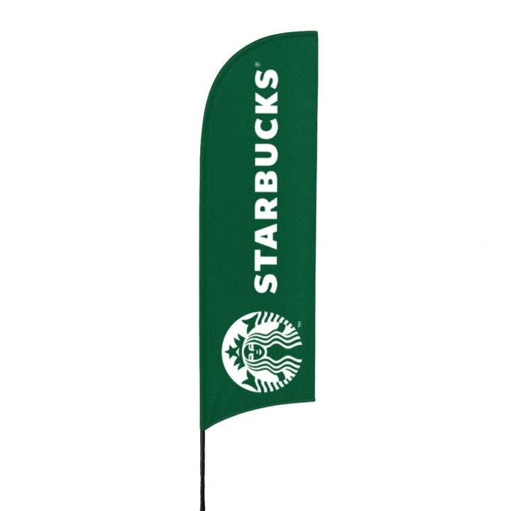 Glass fibre 5 metre feather flag – outdoor printed display with ground spike base for exhibitions or retail forecourt use  