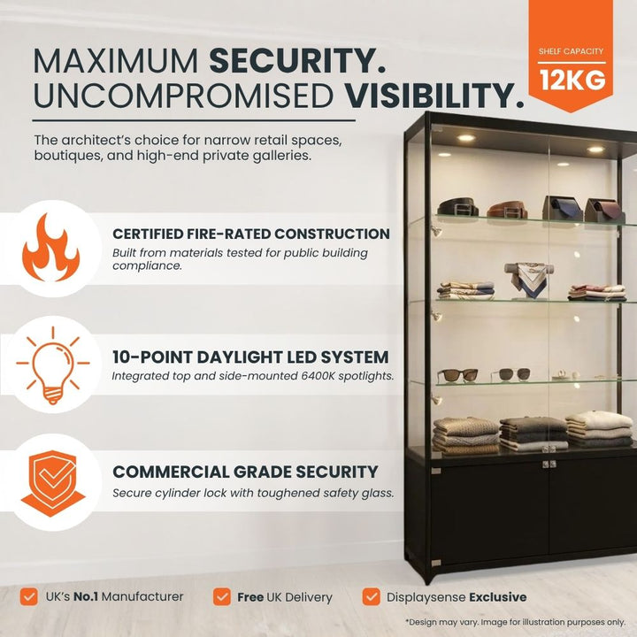 Feature panel: 12kg shelf capacity, certified fire-rated construction tested for public building compliance, a 10-point 6400K daylight LED system top and side mounted, and commercial grade security from a cylinder lock with toughened safety glass.
