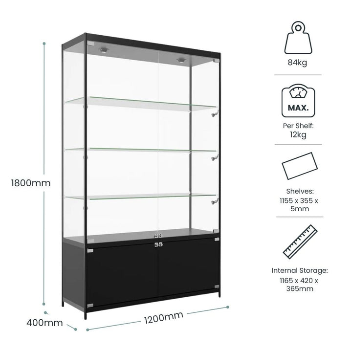 Dimension panel listing 1800mm by 1200mm by 400mm, 84kg, 12kg per shelf, shelves at 1155 x 355 x 5mm and base storage of 1165 x 420 x 365mm.
