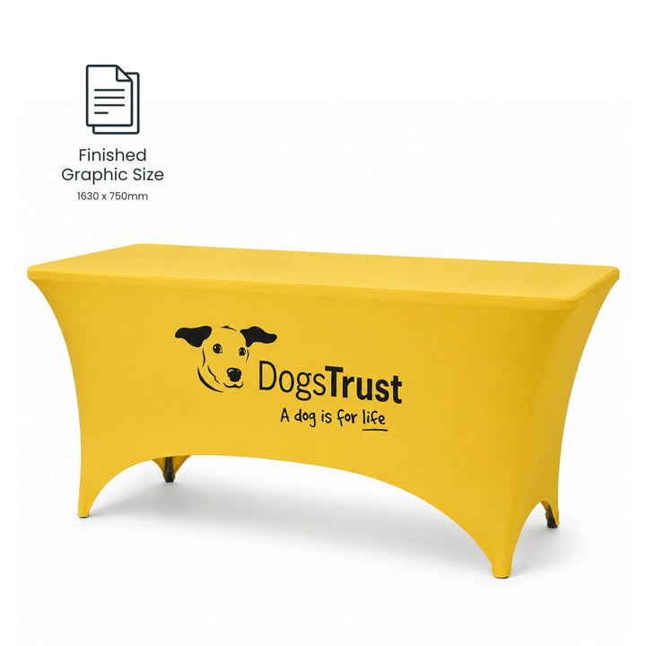 Yellow branded stretch table cover with finished graphic size dimensions shown for promotional event display use.