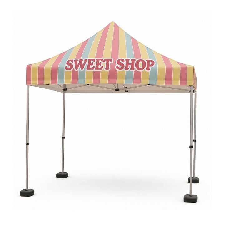 Custom printed gazebo 3x3m – pop-up display tent with three walls and concrete weights for exhibitions or street events  