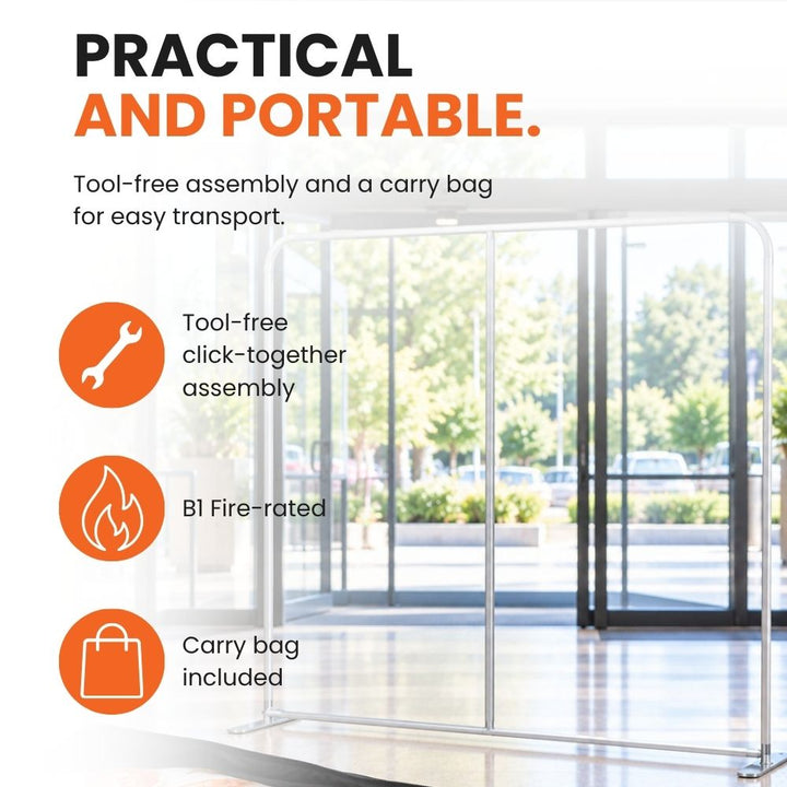 Portable STU2000 exhibition backdrop highlighting tool-free click-together assembly, fire-rated fabric and an included carry bag for transport.