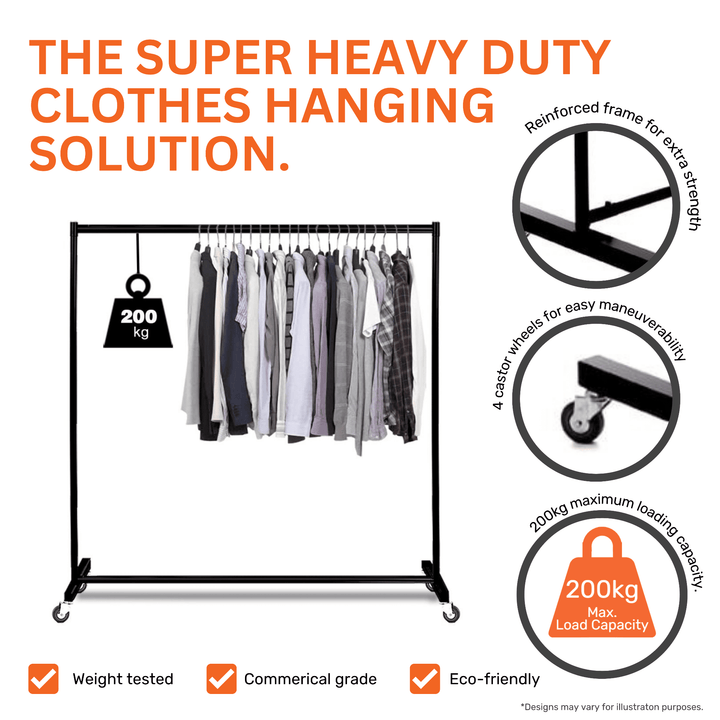 200kg load clothing rail – extra-strong black 6ft steel garment rack for retail or backstage storage