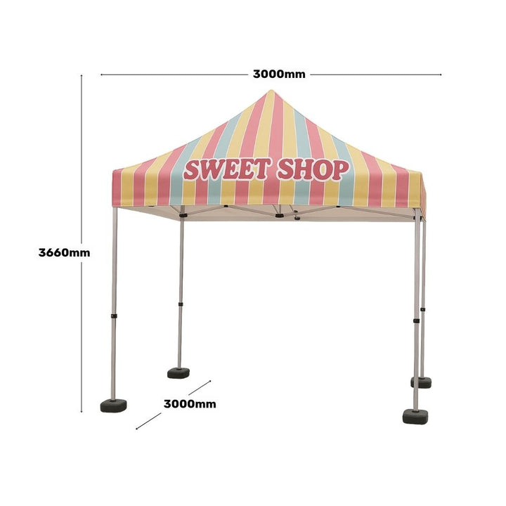 Branded pop-up tent 3m – promotional gazebo with 3 enclosed walls and concrete leg weights for wind resistance at events  