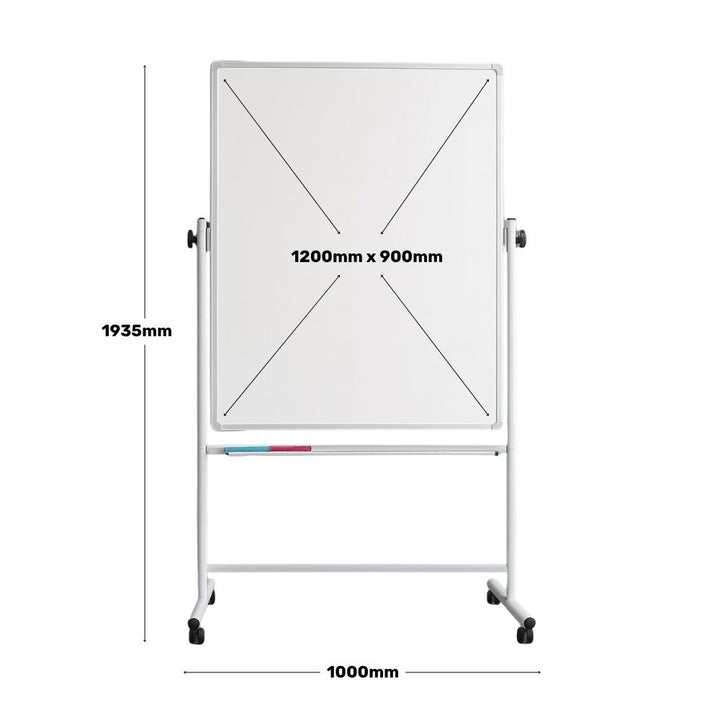 Mobile swivel whiteboard with a 900 x 1200mm writing surface and 1935mm overall height on a 1000mm-wide freestanding frame with lockable castors.
