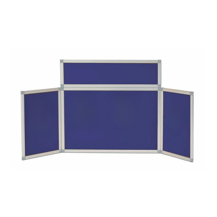 Tabletop folding display board with three lower blue panels and one header panel, framed in aluminium, shown fully opened against a plain white background.

