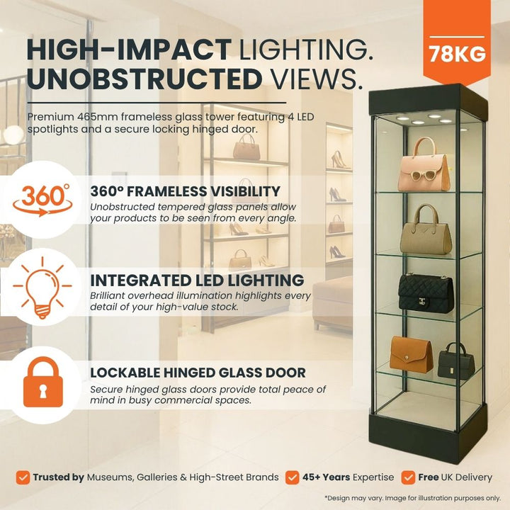 freestanding-glass-display-tower-with-led-lighting-and-lockable-hinged-door-showcasing-handbags-in-retail-store
