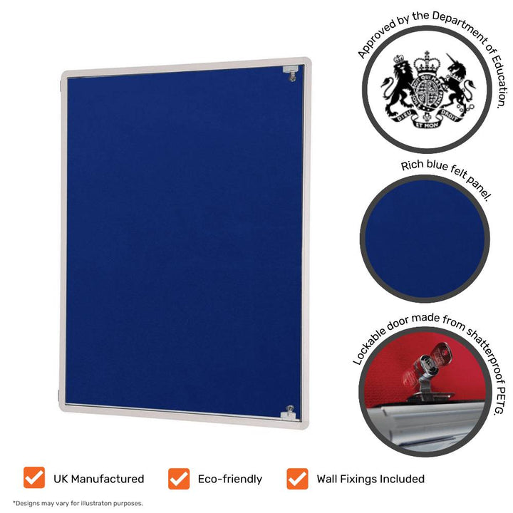 1200mm x 900mm dark blue lockable display board – tamperproof felt noticeboard for safe wall-mount messaging  