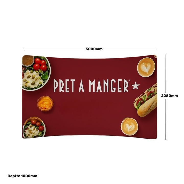 Double-sided curved fabric stand – 5000mm wide tension display with custom branding for exhibitions and press backdrops  