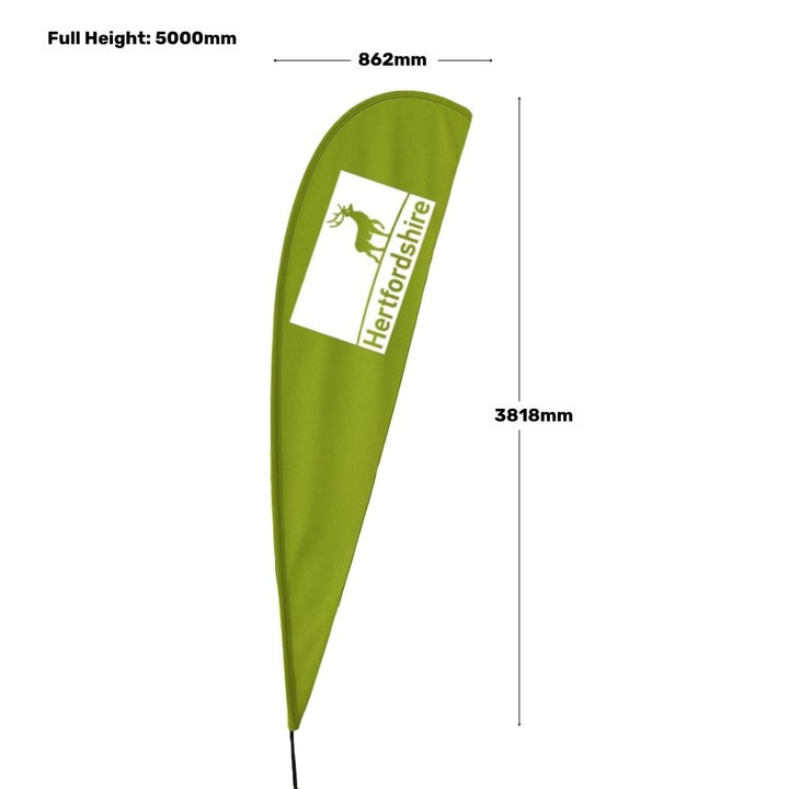 Teardrop flag dimension diagram showing 5000mm total height, 862mm flag width and 3818mm flag body height, with custom single-sided print for outdoor display.

