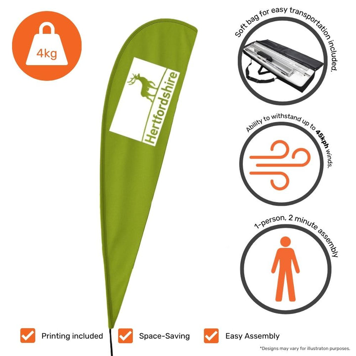 Custom teardrop flag graphic: 4kg weight, 45kph wind rating, 2-minute one-person assembly and soft carry bag for outdoor retail, forecourt and events use.
