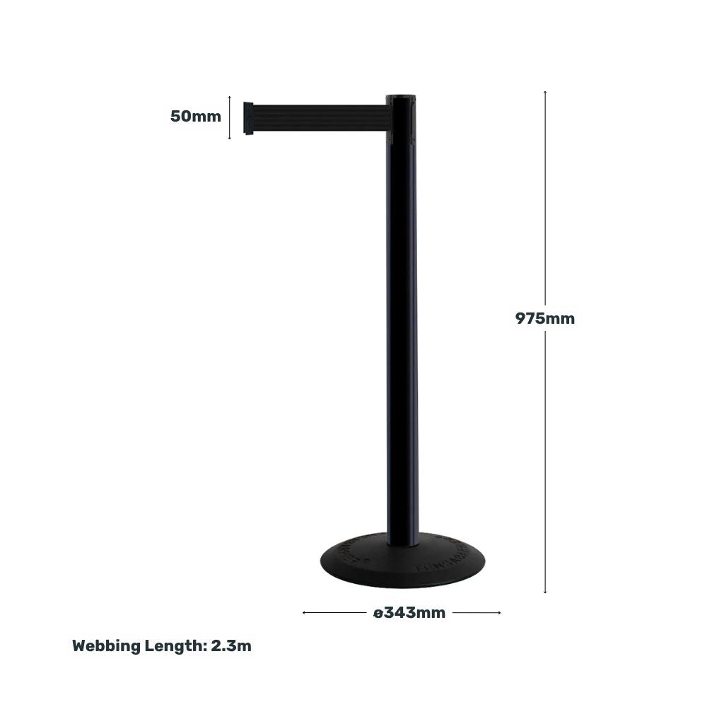 Diagram displaying the dimensions of a Tensator barrier post with measurements of 975mm in height, 343mm base diameter, 50mm webbing width, and 2.3m webbing length.