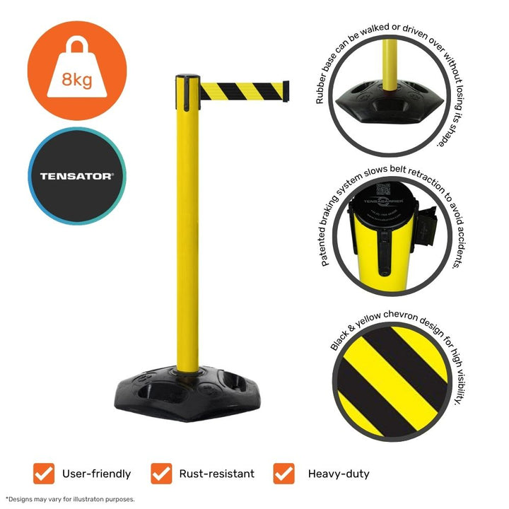 Tensator retractable safety barrier with an 8kg rubber base, patented braking system, rust-resistant build, and high-visibility chevron belt—user-friendly, heavy-duty solution for crowd control and hazard marking.


