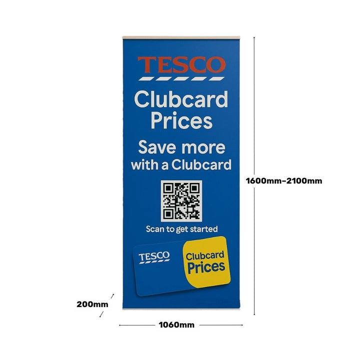 Tesco pull-up banner graphic with annotated size dimensions showing width and height for display reference


